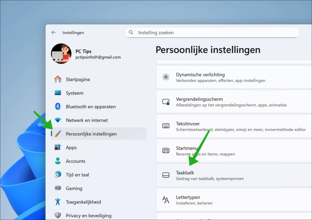 Taakbalk instellingen