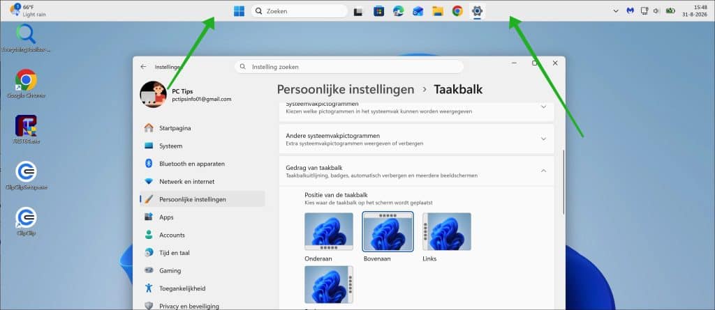 Taakbalk naar boven verplaatsen in Windows 11