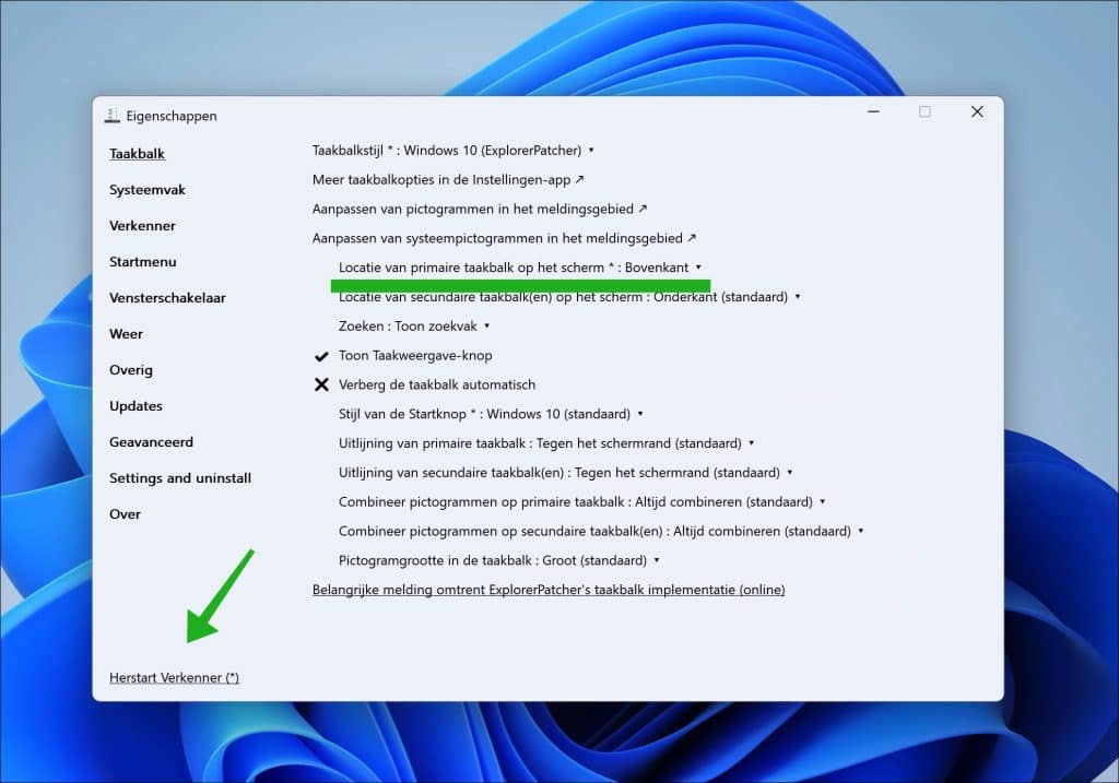 Taakbalk naar boven verplaatsen in Windows 11 via ExplorerPatcher