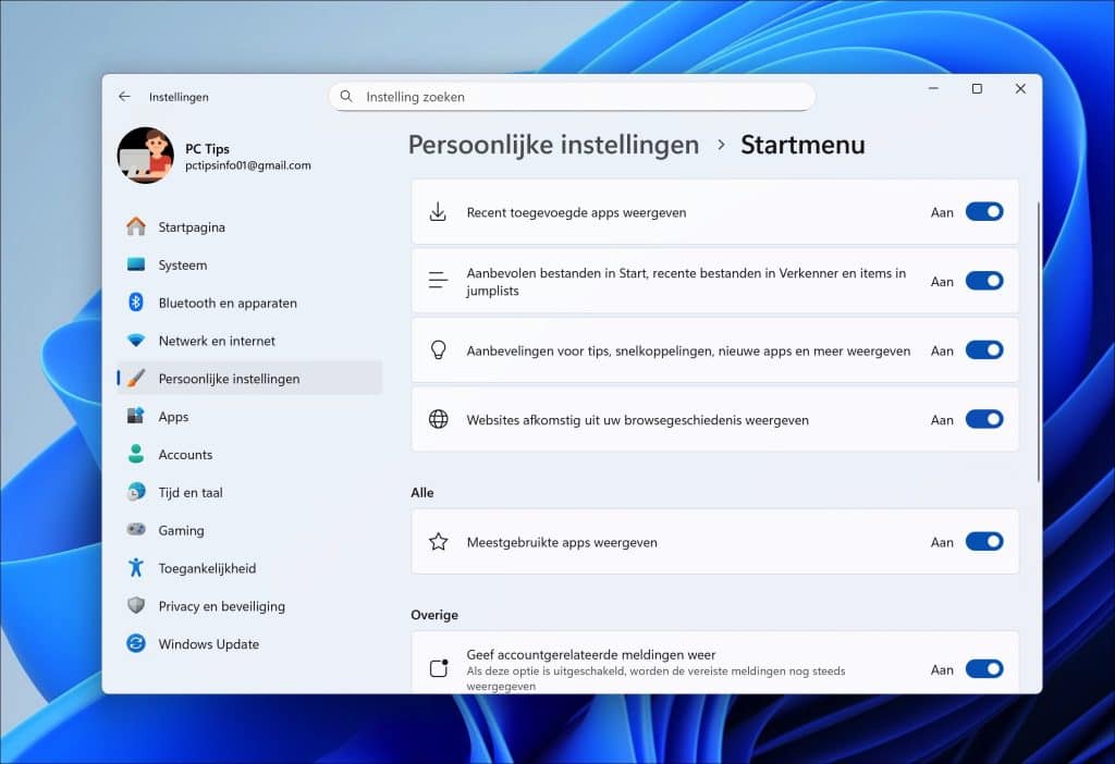 Telefoon tonen in Start uitschakelen