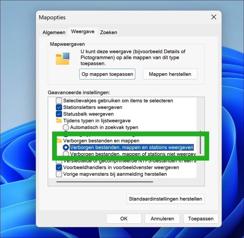 Verborgen bestanden, mappen en stations weergeven