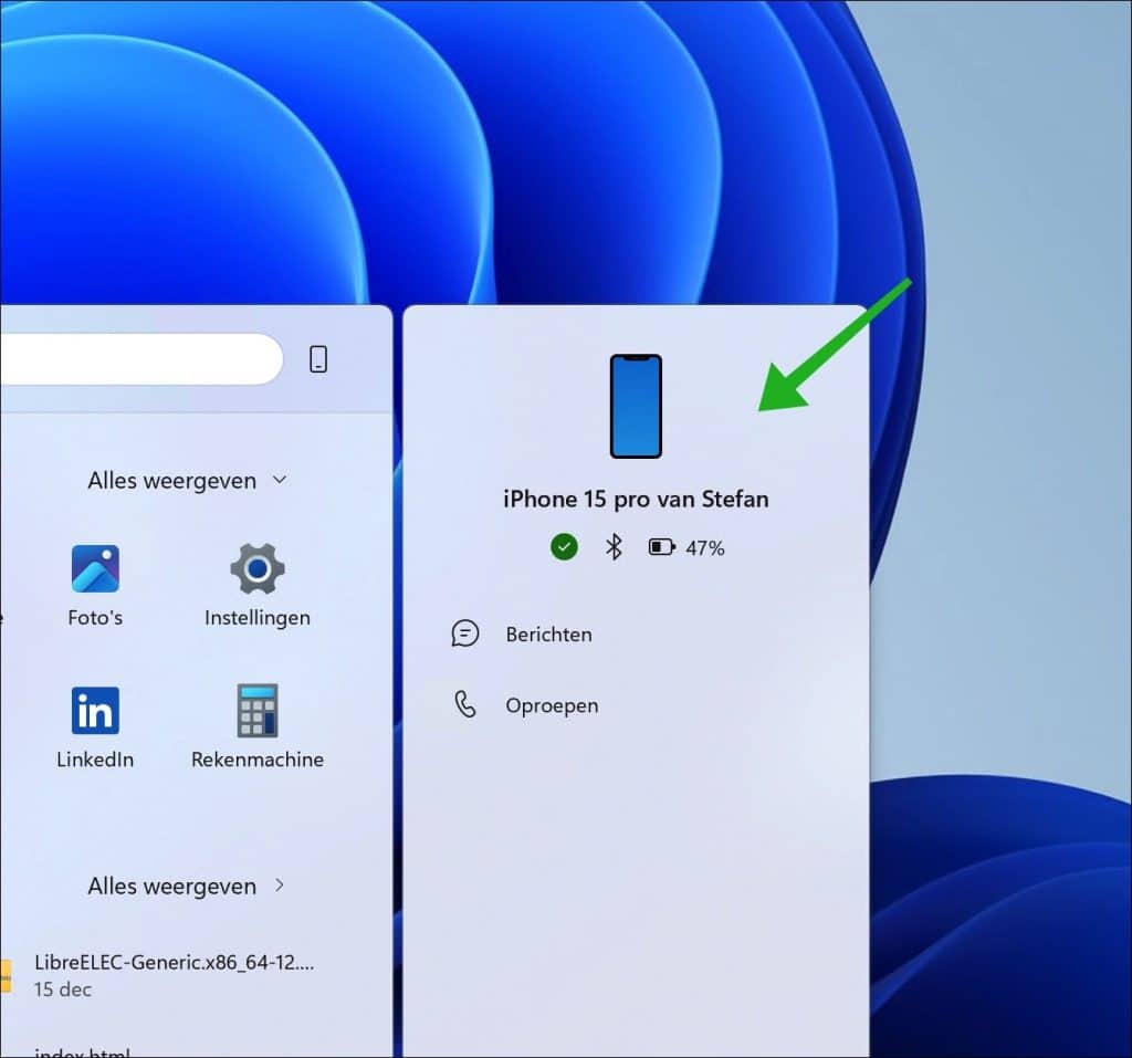 telefoonkoppeling in startmenu windows 11