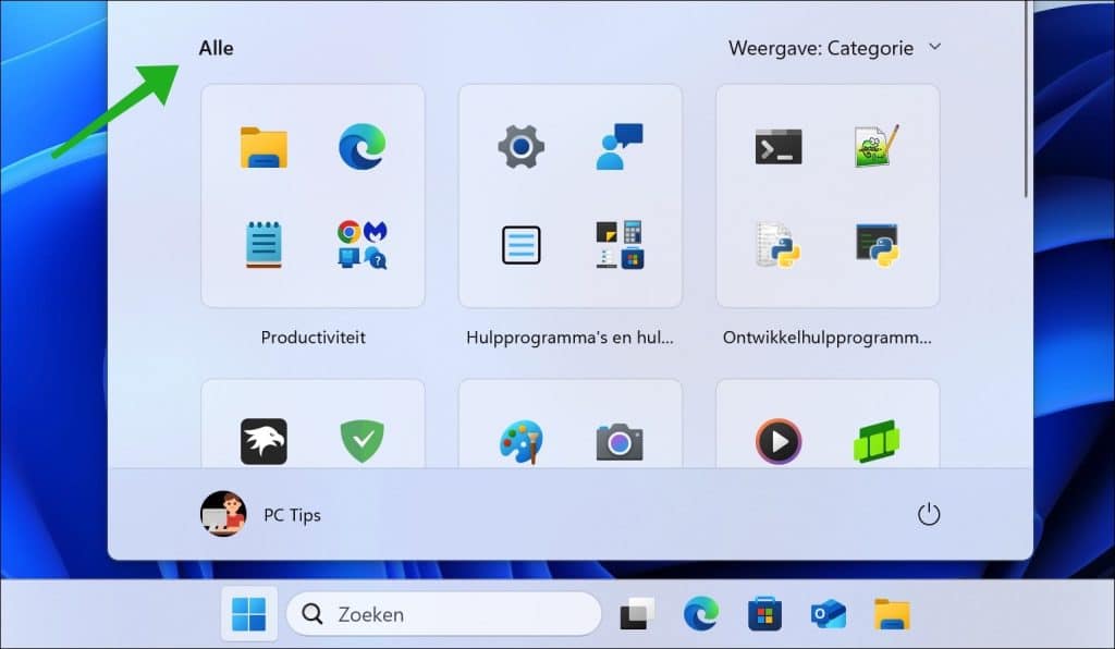 Alle sectie in Startmenu