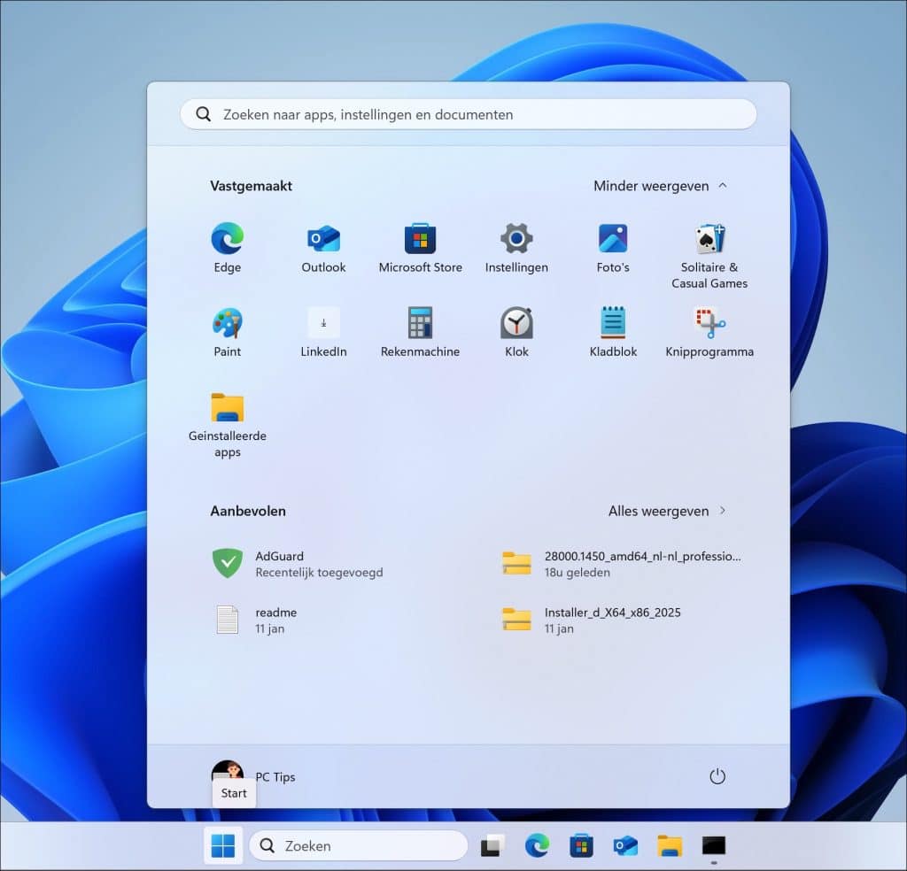 Alle sectie verwijderd uit Startmenu