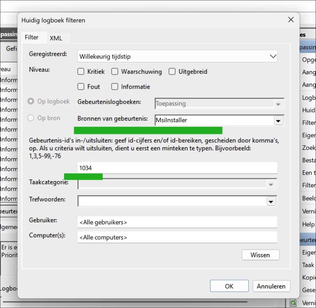 Filter op msiinstaller en logboek id 1034