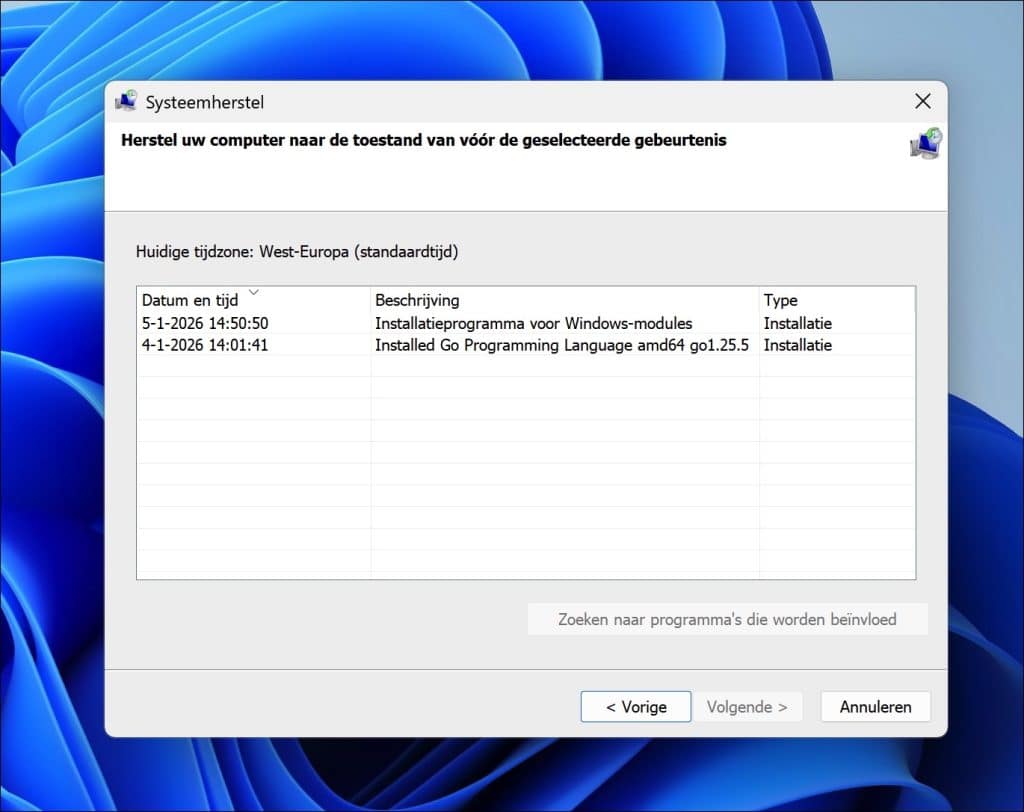 herstelpunt terugzetten