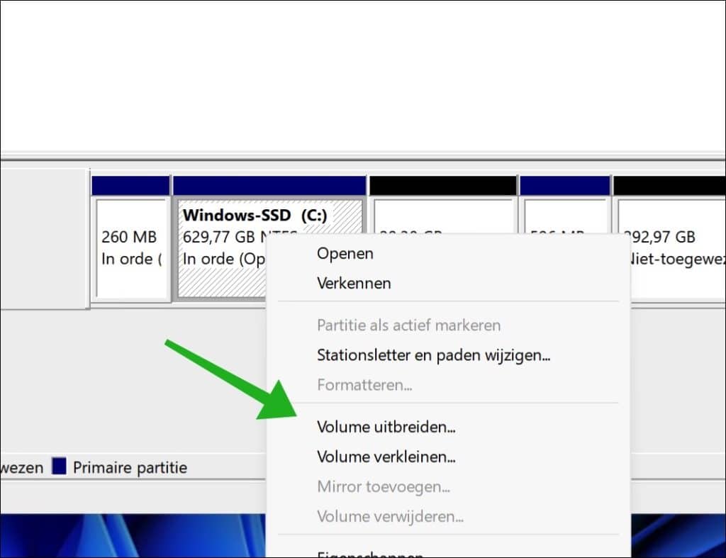 windows partitie uitbreiden