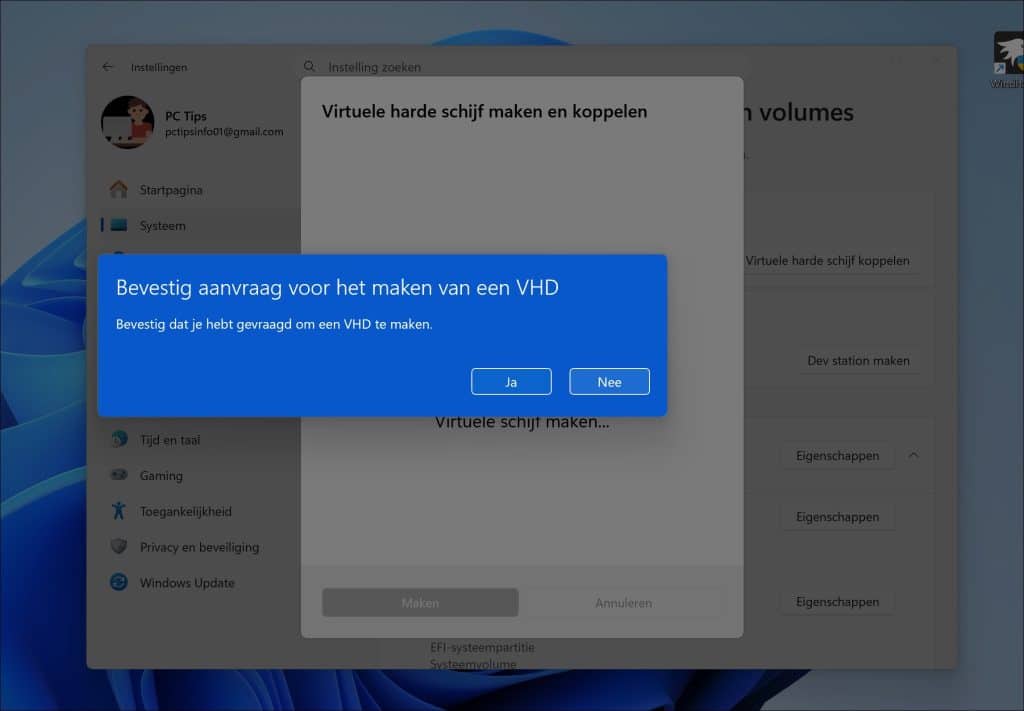 Bevestig aanvraag voor het maken van een VHD