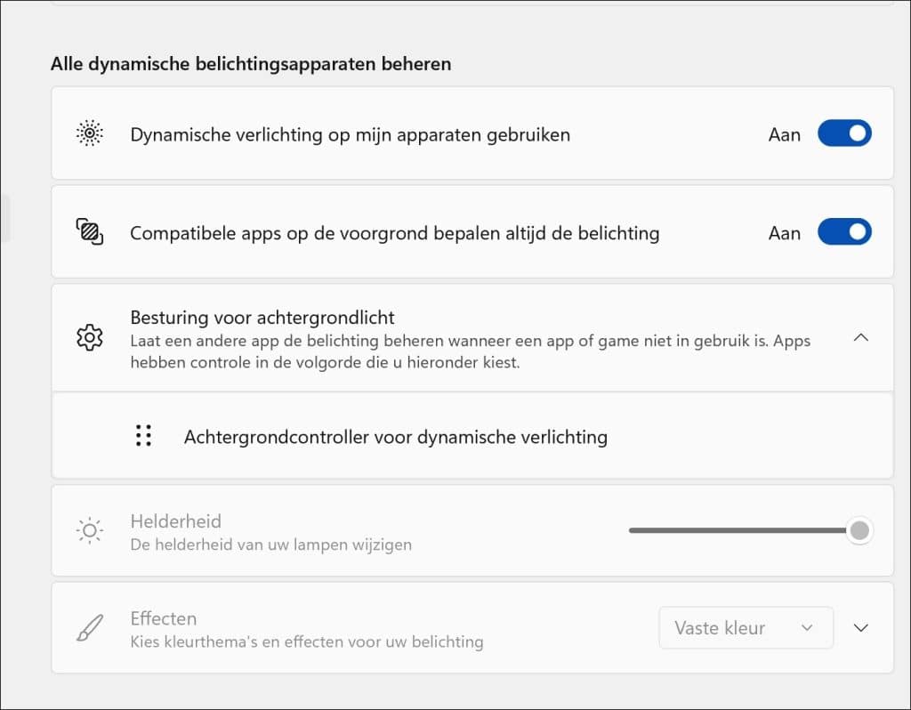 Dynamische verlichting instellingen