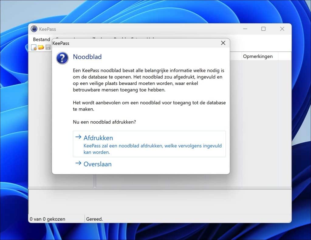 Opslaan en noodblad afdrukken