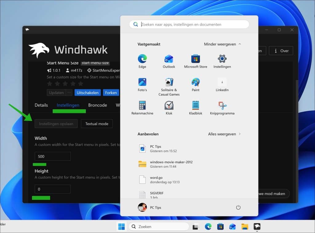 Startmenu grootte wijzigen in Windows 11