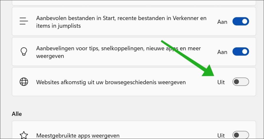Websites afkomstig uit uw browsegeschiedenis weergeven uitschakelen