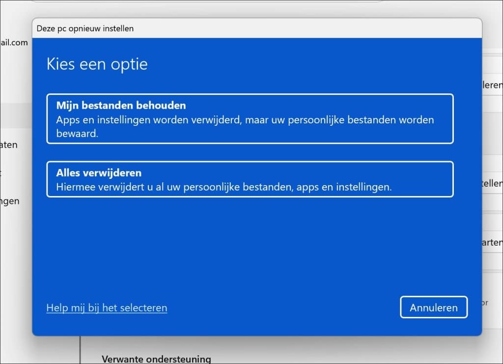 bestanden behouden of alles verwijderen