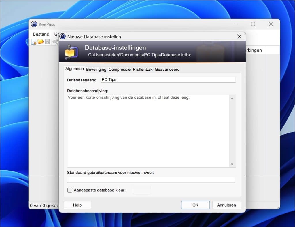 database naam beschrijving en kleur