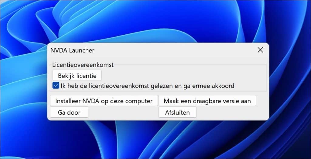 nvda installatie opties