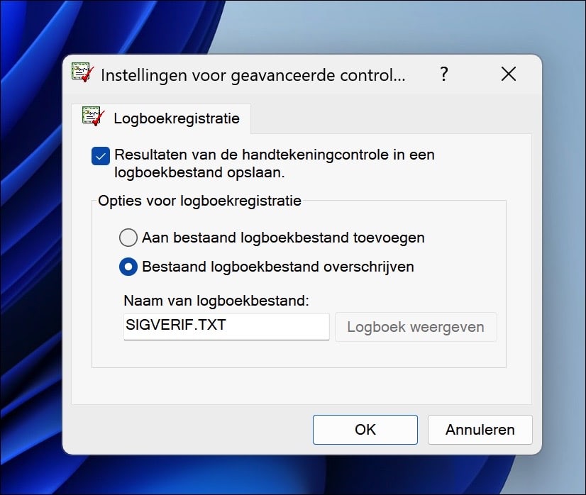 sigverif geavanceerde opties
