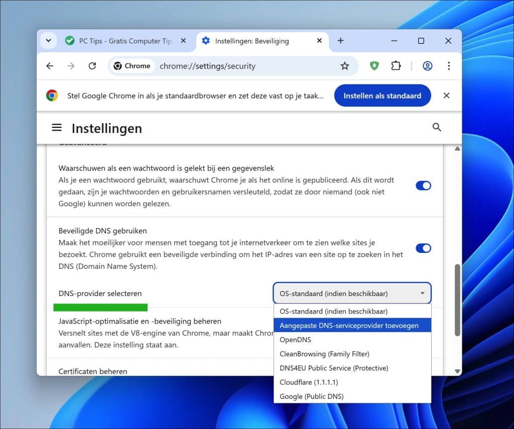 DNS-instellingen controleren chrome