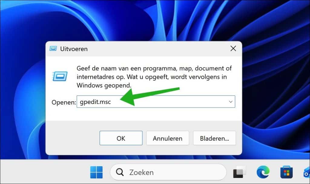 Editor voor lokaal groepsbeleid openen via uitvoeren