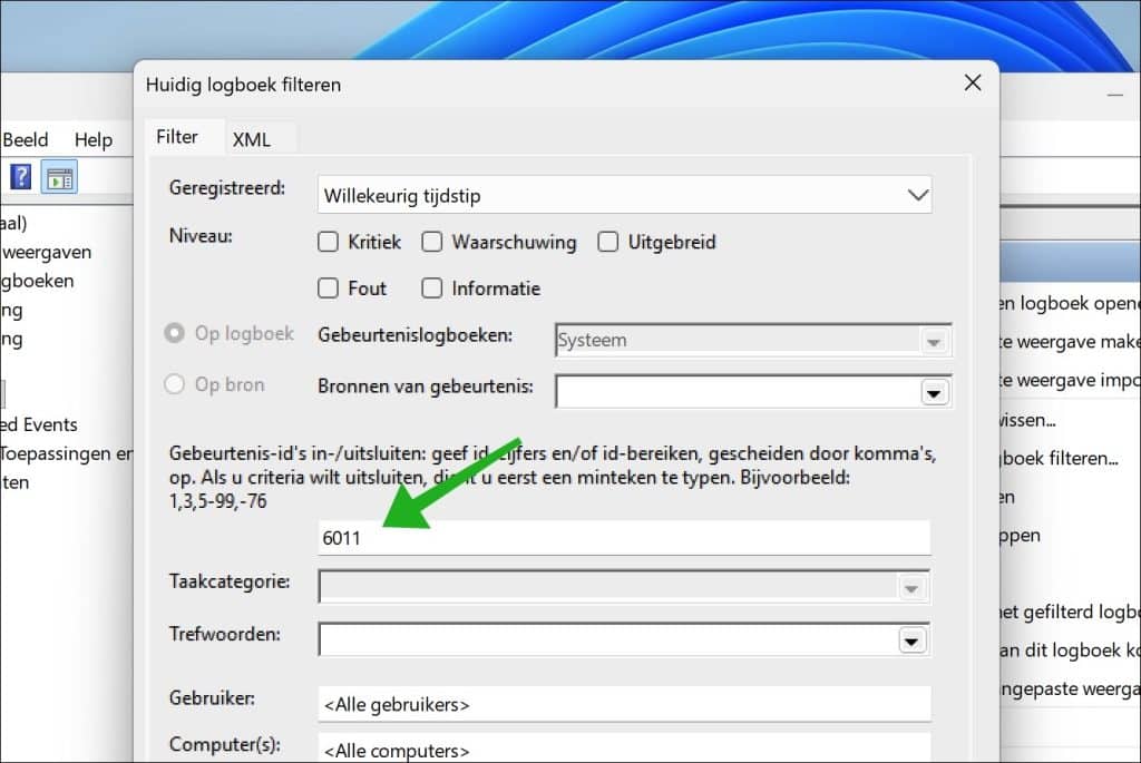 Gebeurtenis 6011 filteren