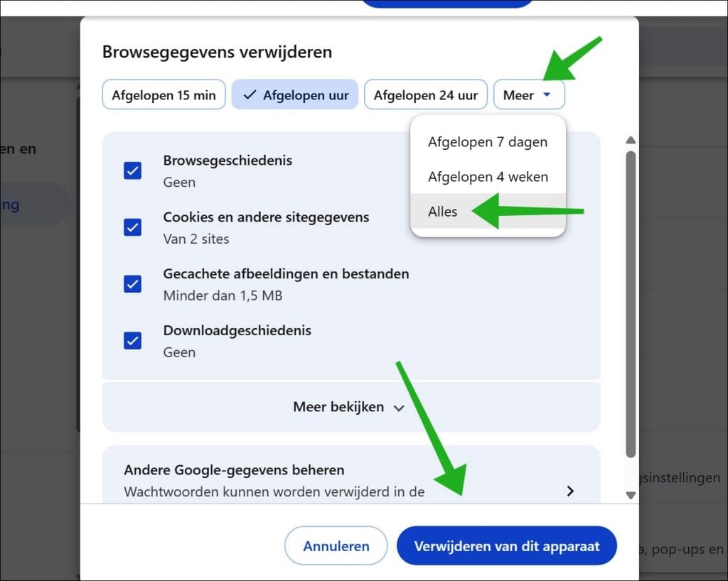 Google Chrome cache en cookies verwijderen
