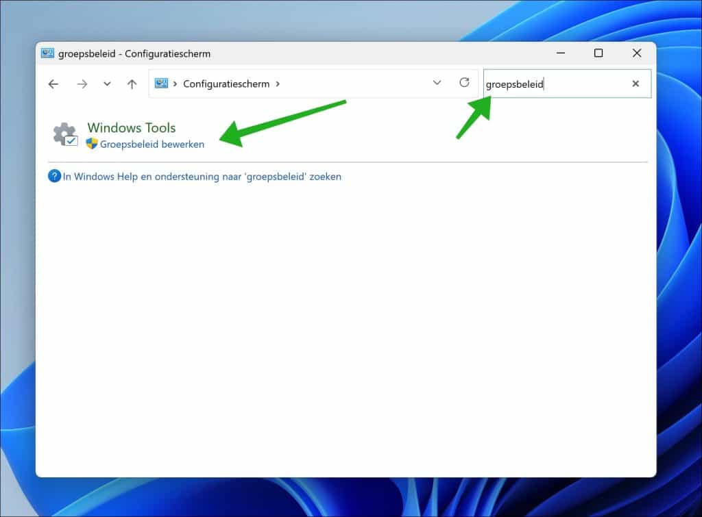 Groepsbeleid openen via Configuratiescherm