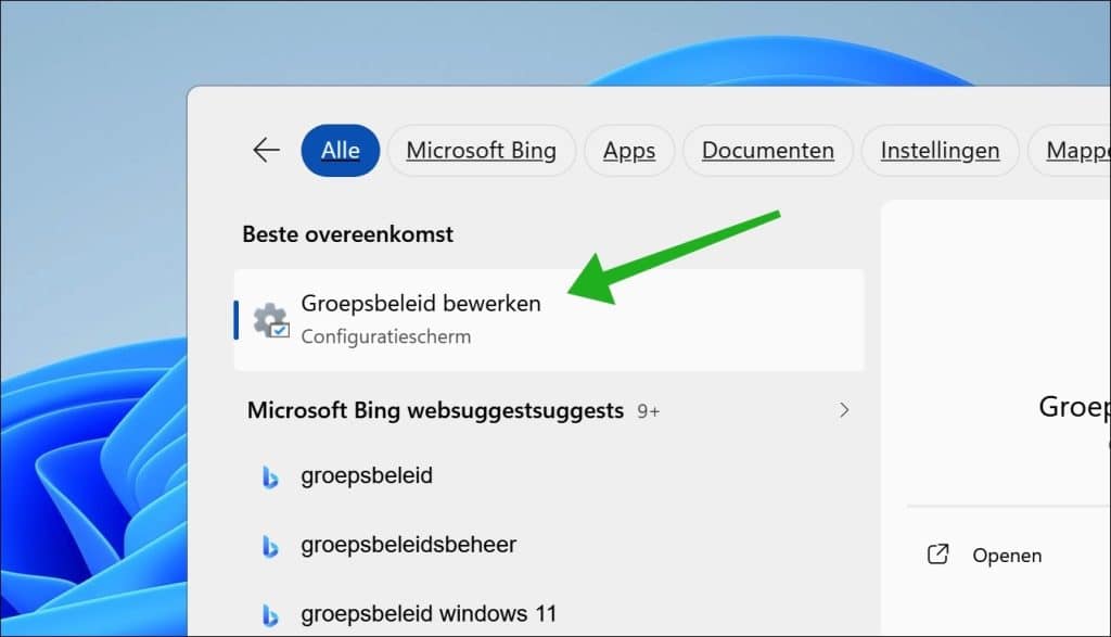 Groepsbeleid openen via Zoeken