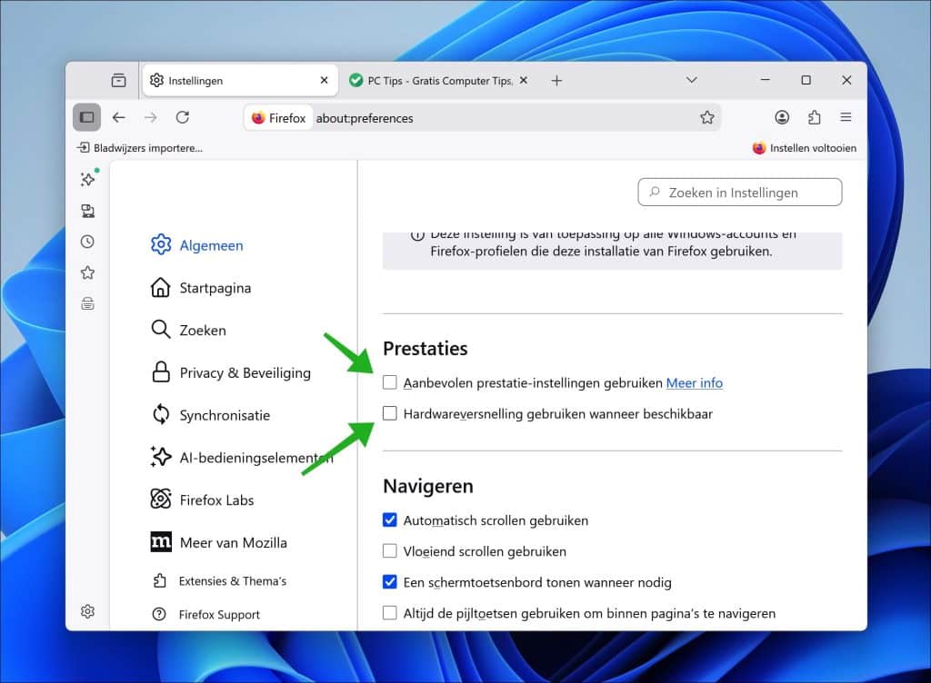Hardwareversnelling uitschakelen firefox