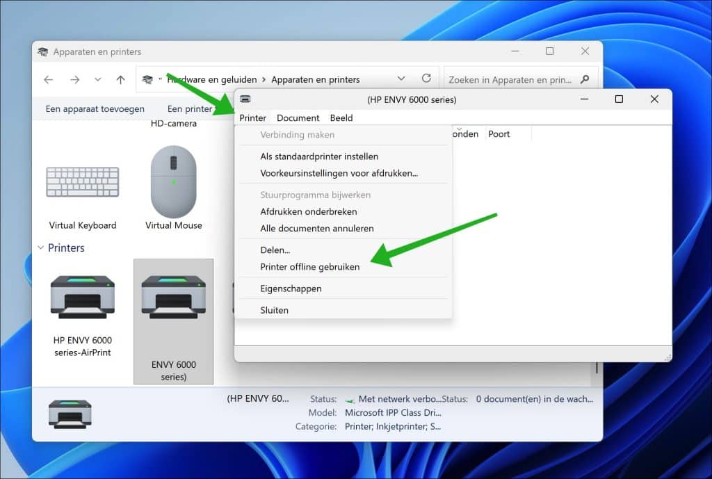 Printer offline gebruiken uitschakelen