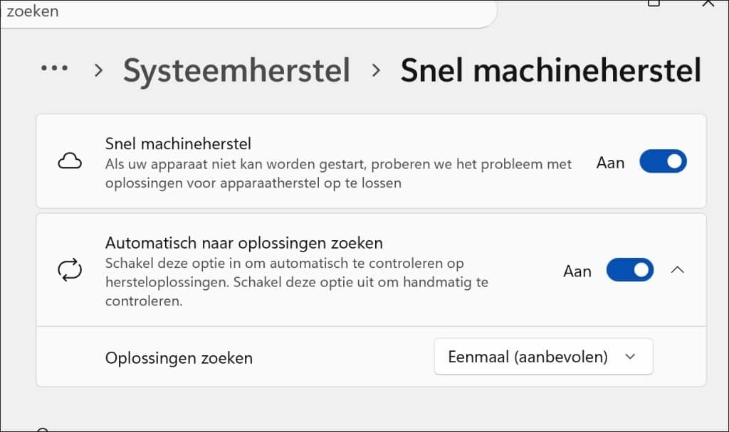 Snel machineherstel inschakelen