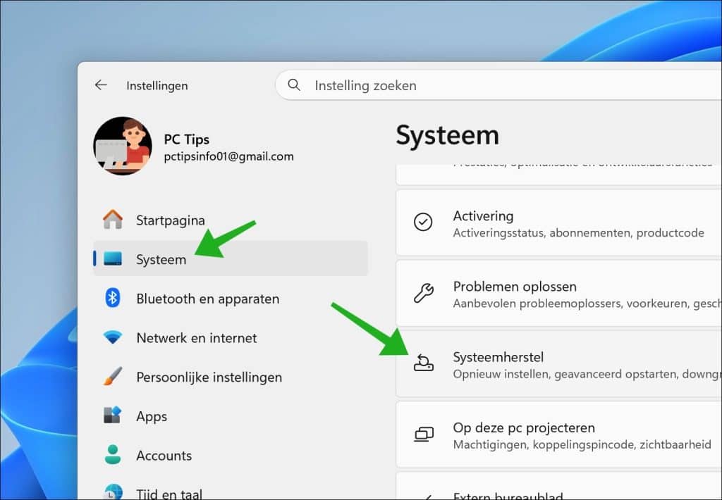 Systeemherstel opties