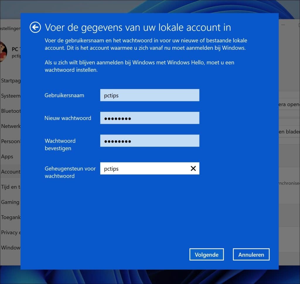 Voer de gegevens van uw lokale account in
