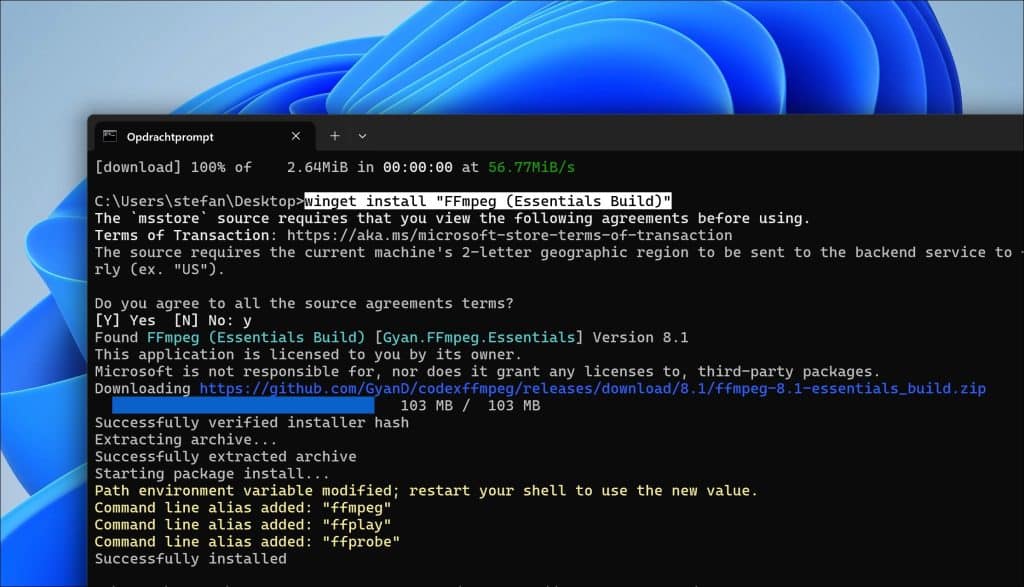 ffmpeg via winget installeren