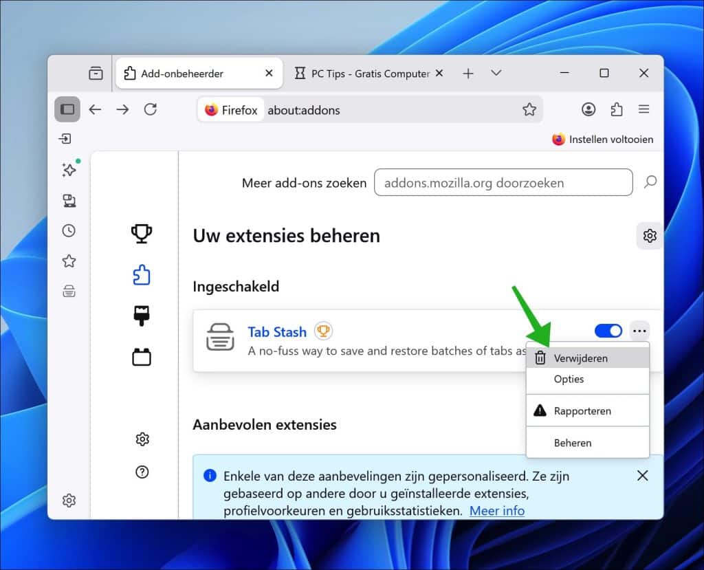 firefox extensie verwijderen