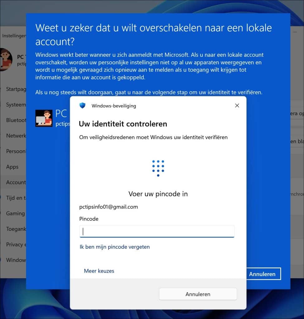 huidige Microsoft-accountwachtwoord of pincode om te bevestigen