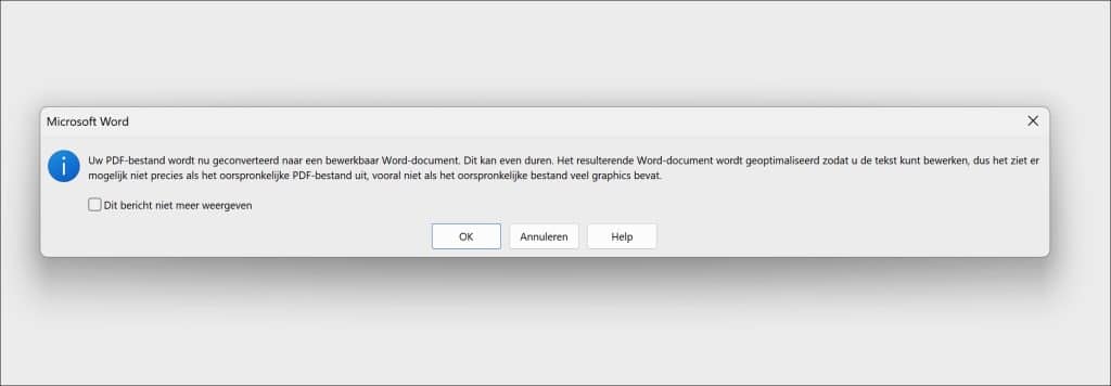 pdf naar word omzetten melding
