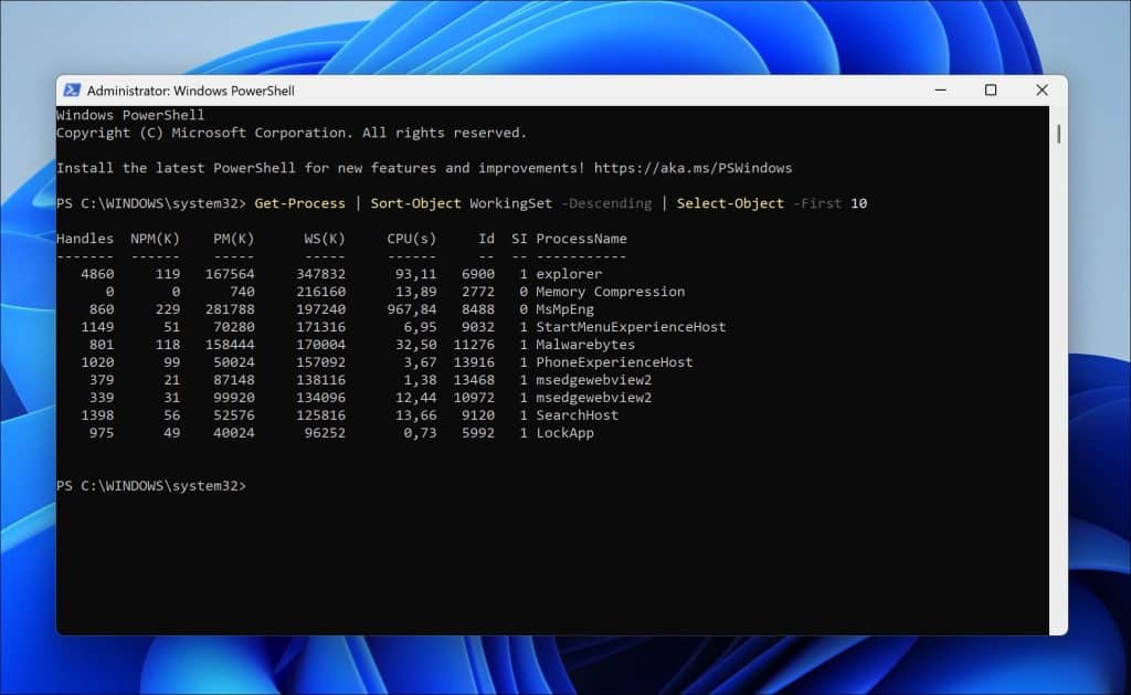 Alle actieve processen sorteren op geheugengebruik