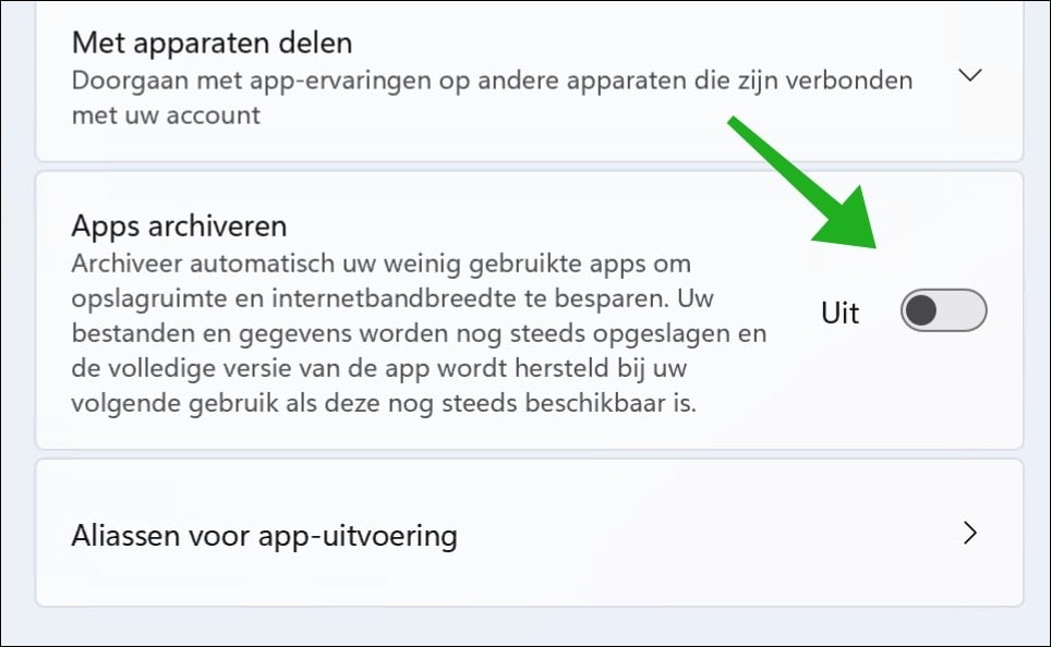 Automatisch archiveren van apps uitschakelen