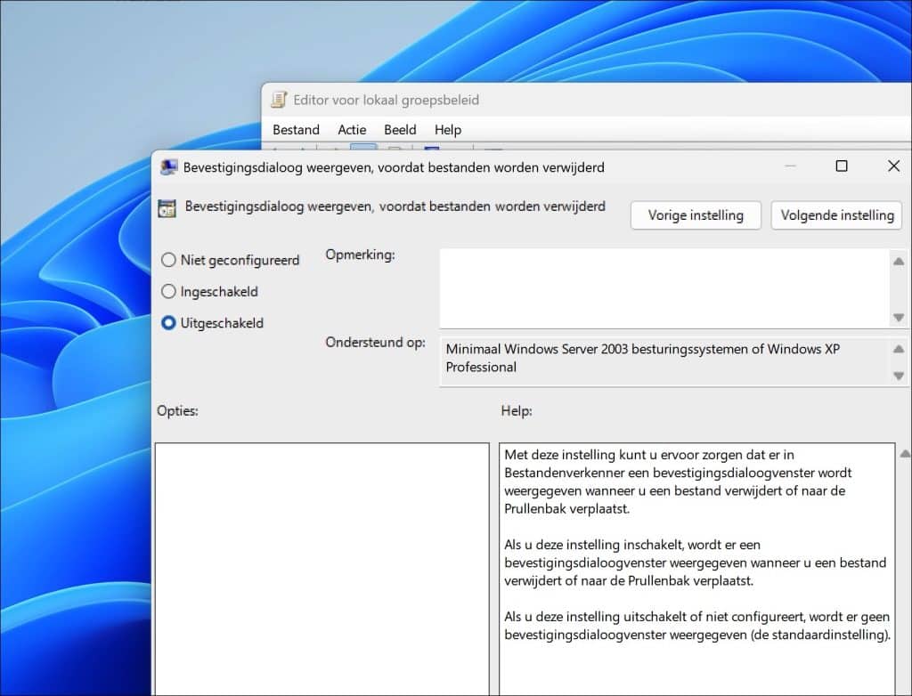 Bevestiging voor verwijderen uitschakelen via Groepsbeleid
