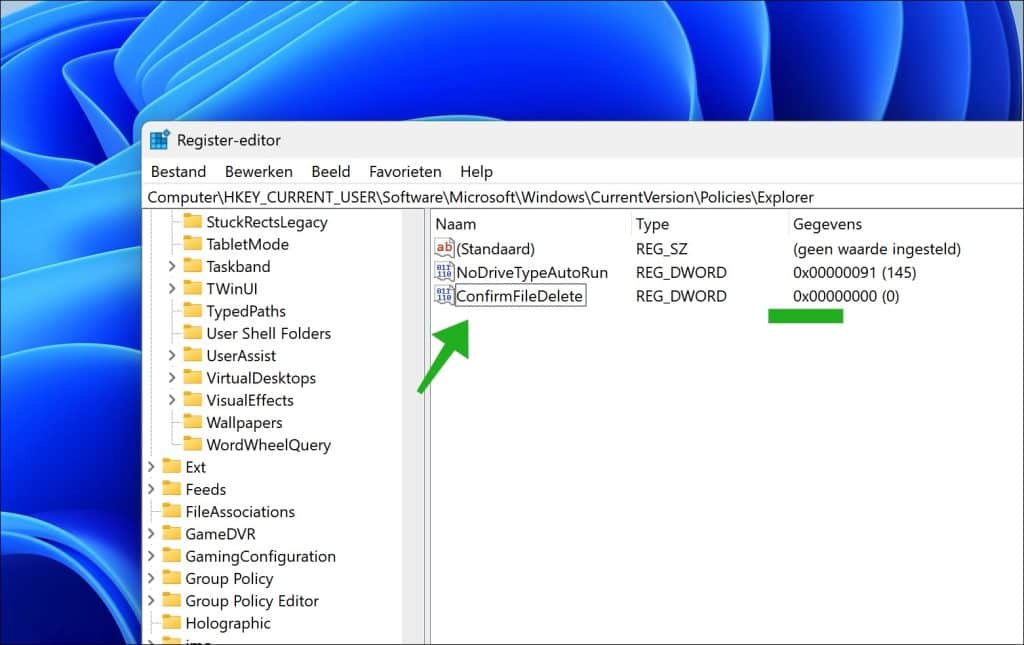 Bevestiging voor verwijderen uitschakelen via het register