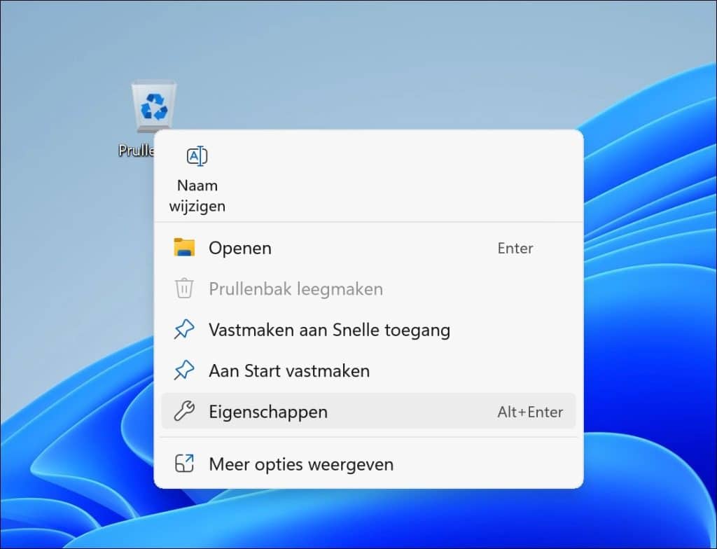 Eigenschappen van prullenbak