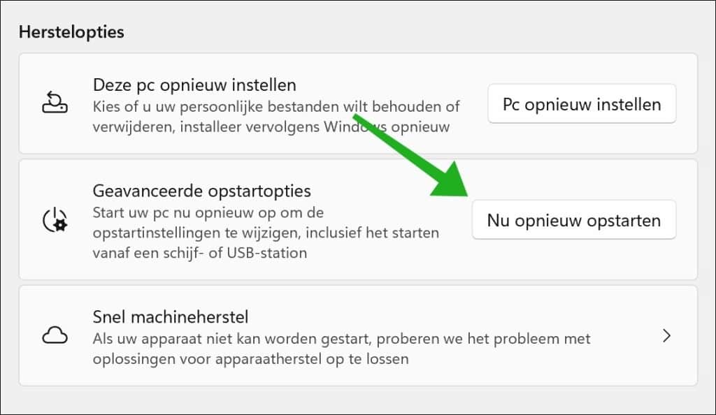 Nu opnieuw opstarten knop onder Geavanceerde opstartopties.
