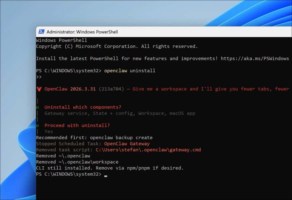 OpenClaw verwijderen in Windows 11