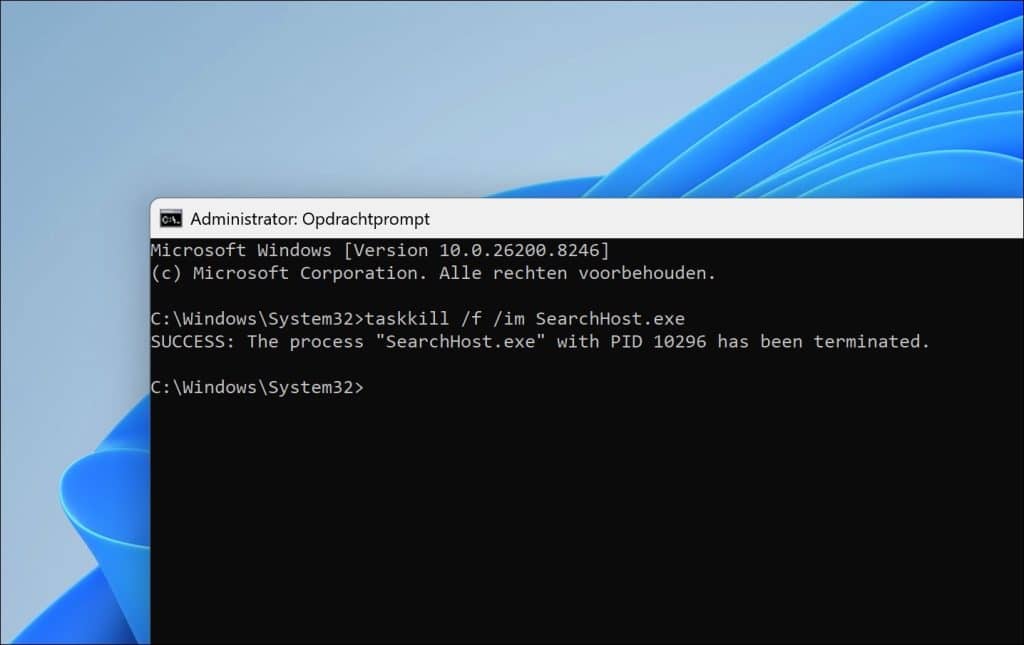 Reset Windows zoekfunctie