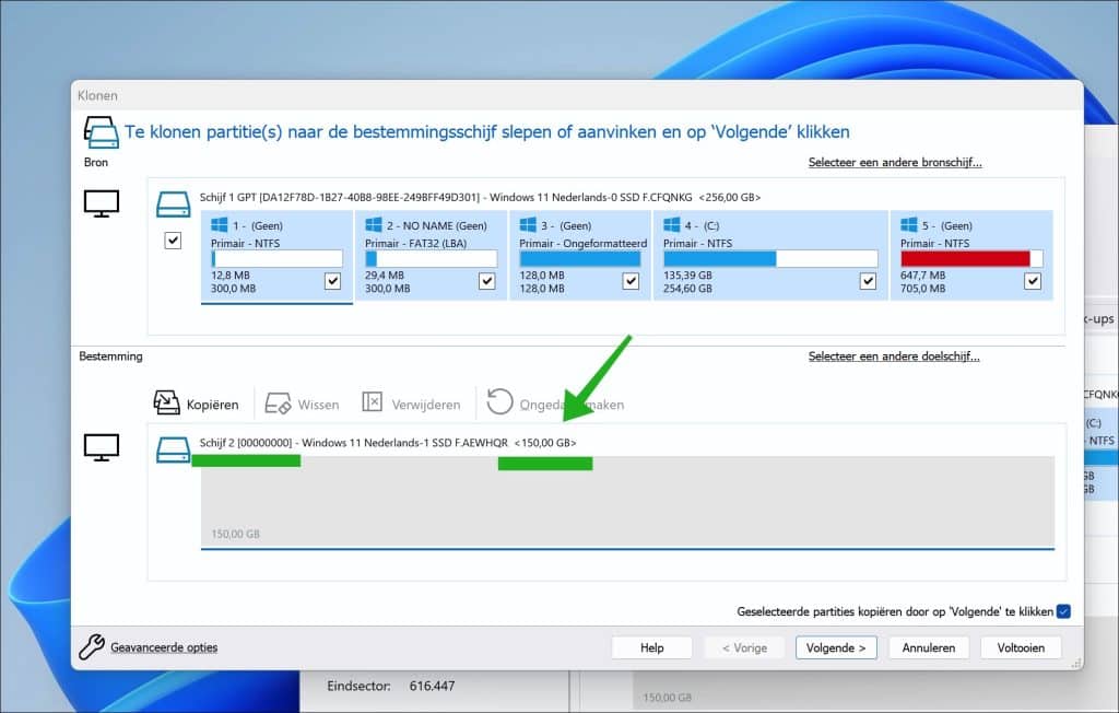 Schijf om naartoe te klonen selecteren