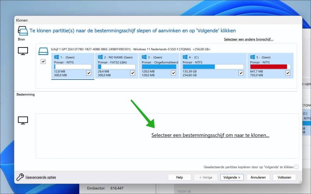 Selecteer een bestemmingsschijf om naar te klonen