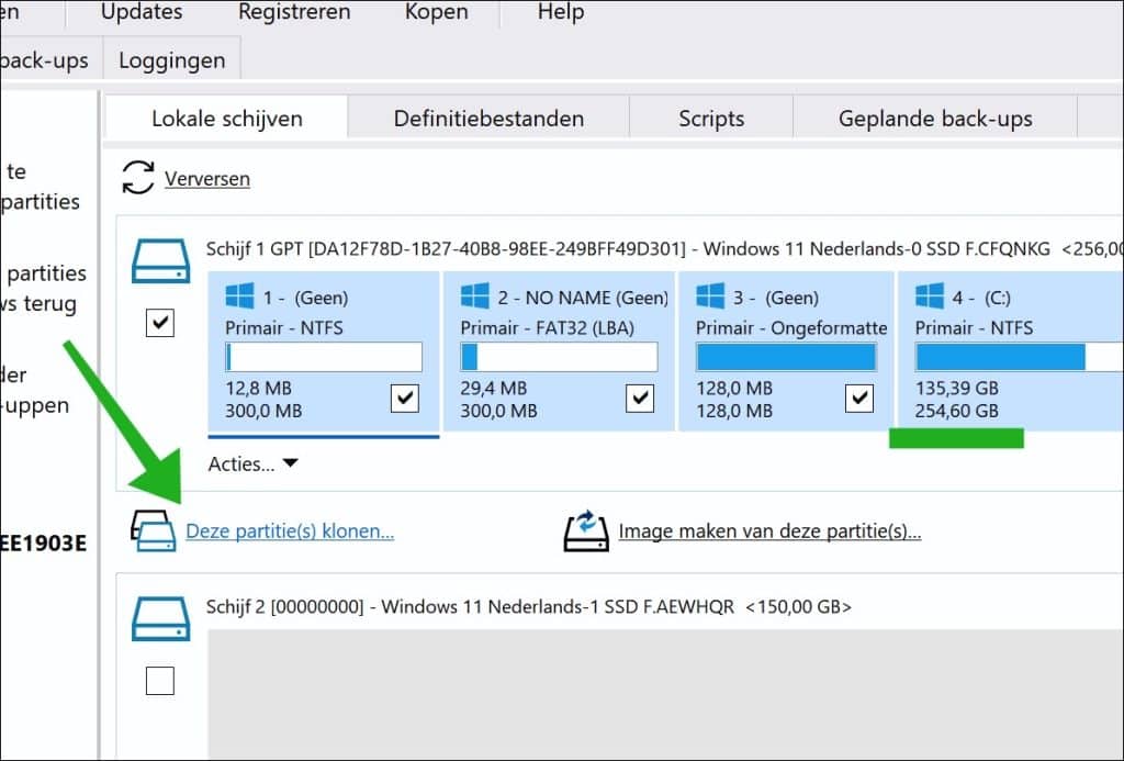 Selecteer partities om te klonen