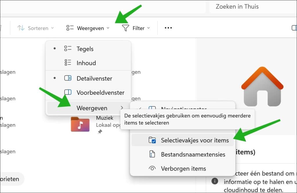 Selectievakjes voor items inschakelen