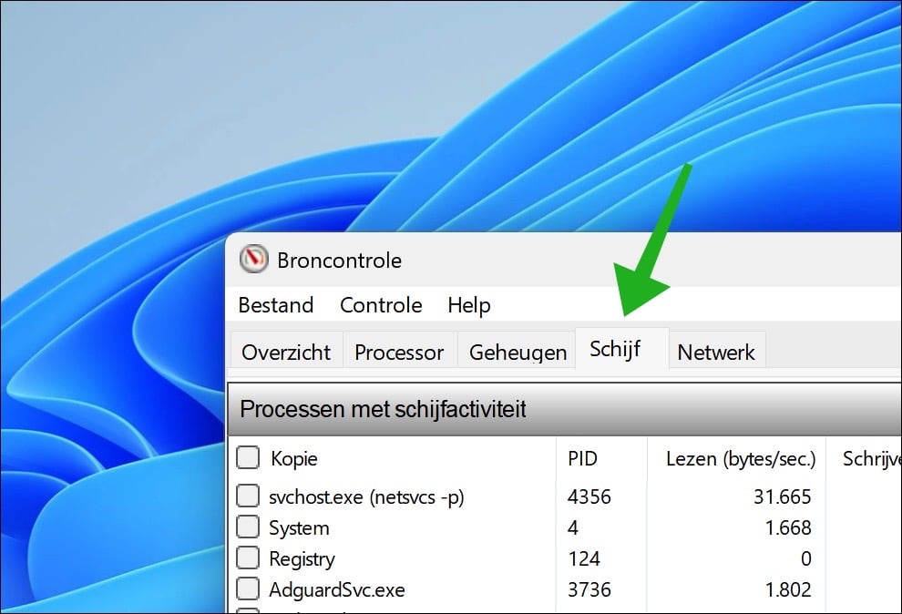 broncontrole tabblad schijf