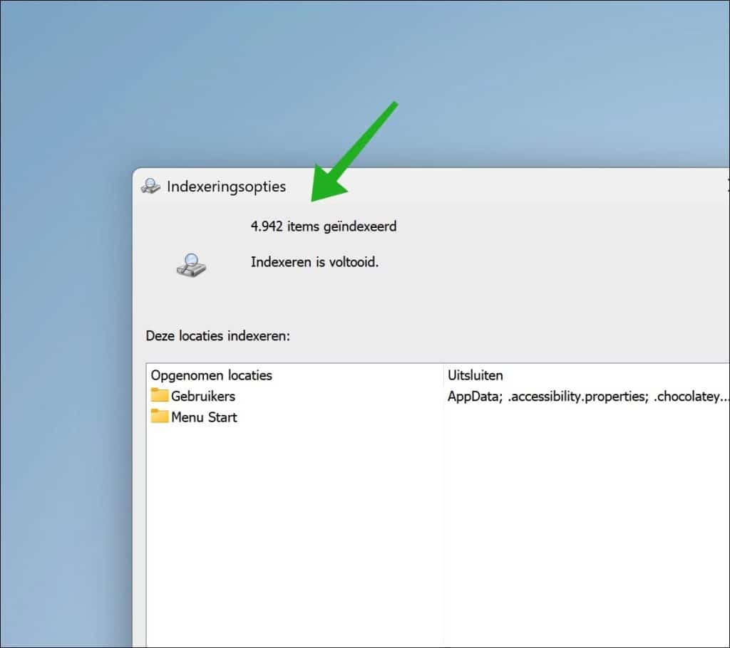 indexeringsstatus via configuratiescherm