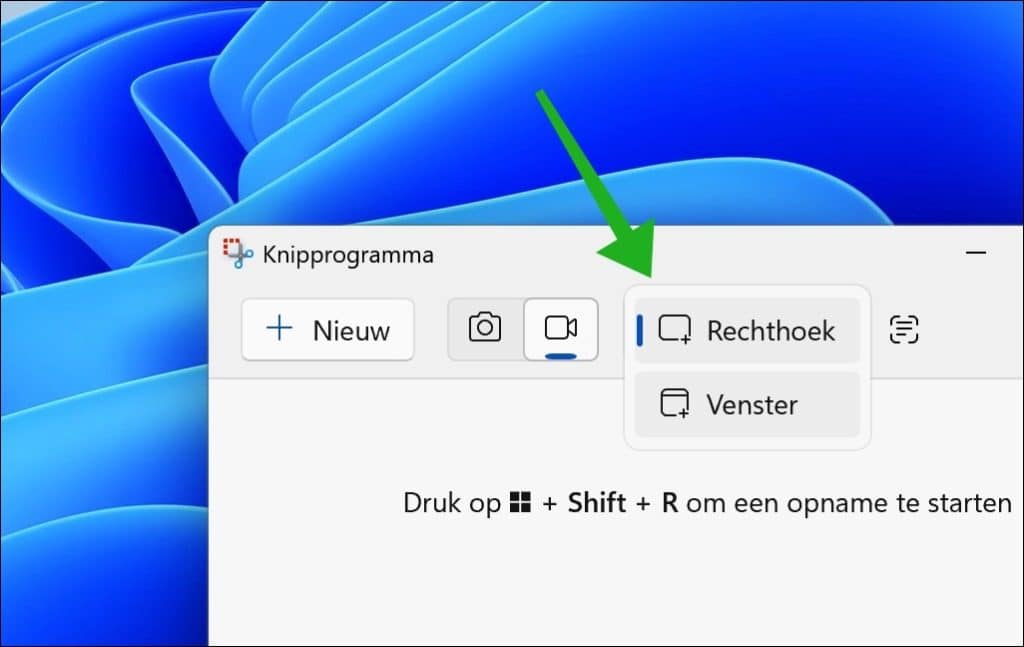 keuze of een deel van het scherm wenst te selecteren voor opname of dat u een actief venster wil opnemen